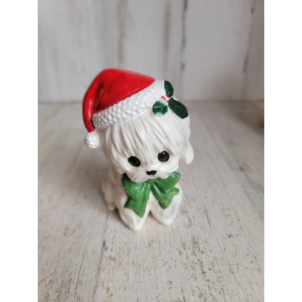 Lefton vintage white Maltese dog puppy Xmas mistletoe Santa hat figure